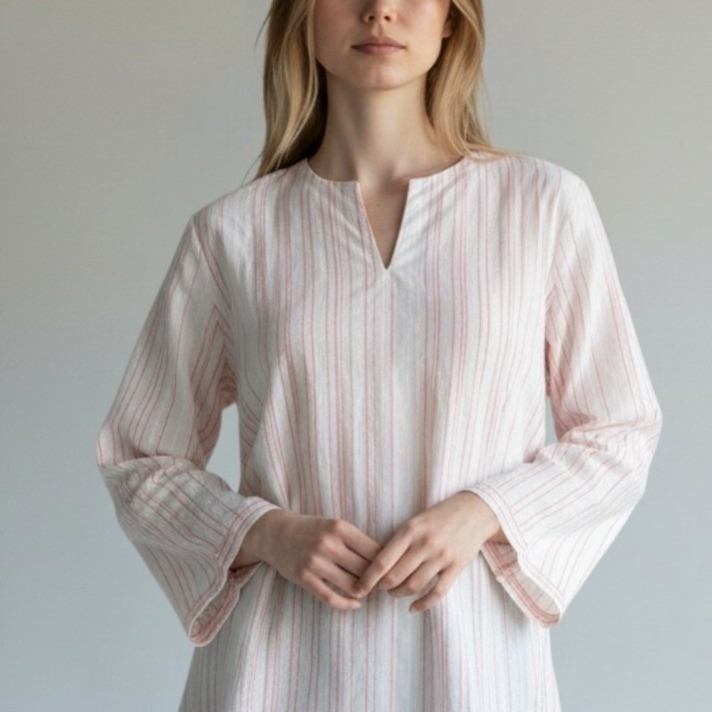 UNTUCKit Durfort Tunic Top Womens 4 White Coral Striped‎ Cotton Split Neck NWT